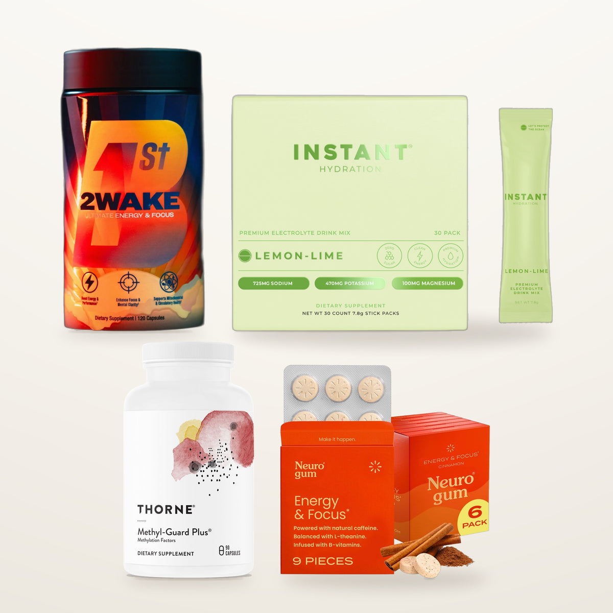 Clean Energy Kit bundle: B1st 2WAKE, Instant Hydration, Neuro gum and Thorne Methyl-Guard Plus (flavors shown may vary)