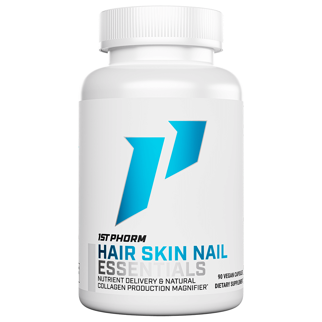 White bottle of 1st Phorm Hair Skin Nail Essentials, 90 vegan capsules