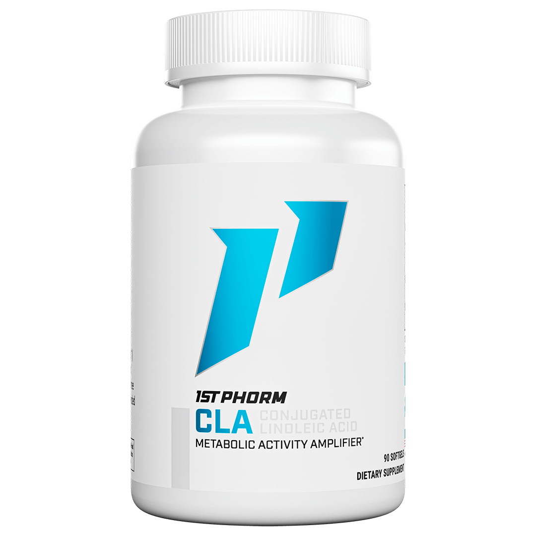 White bottle of 1st Phorm CLA conjugated linoleic acid, 90 softgels