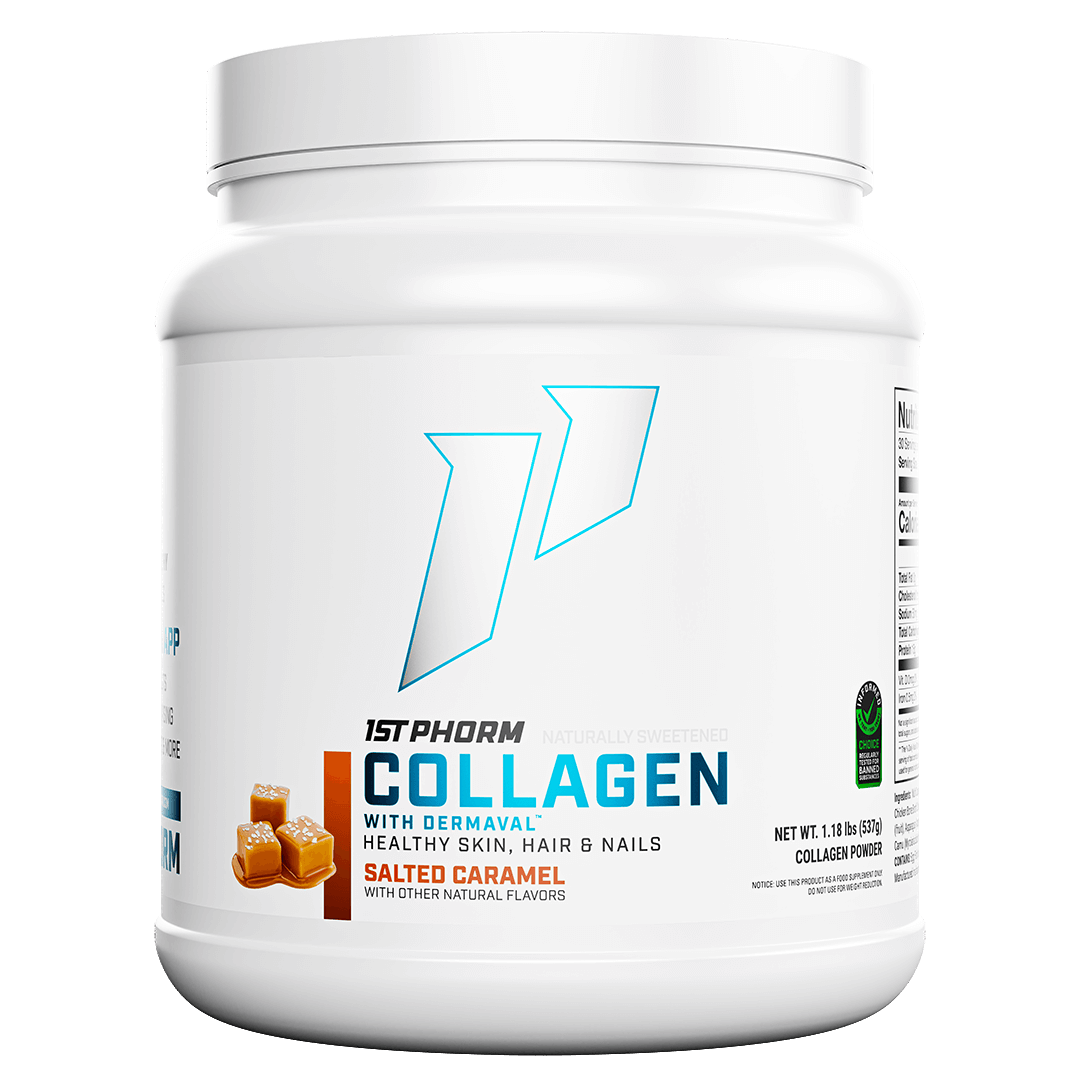 Tub of 1st Phorm Collagen Natural with Dermaval, Salted Caramel, net weight 1.18 lb