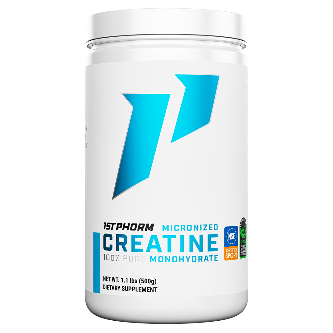 White tub of 1st Phorm Micronized Creatine Monohydrate, 100 servings, 1.1-pound container