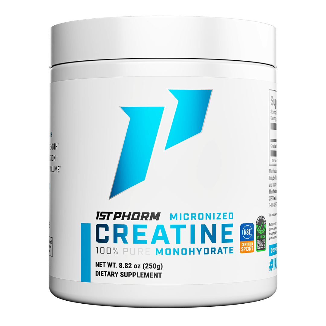 White tub of 1st Phorm Micronized Creatine Monohydrate, 50 servings, 8.82-ounce container