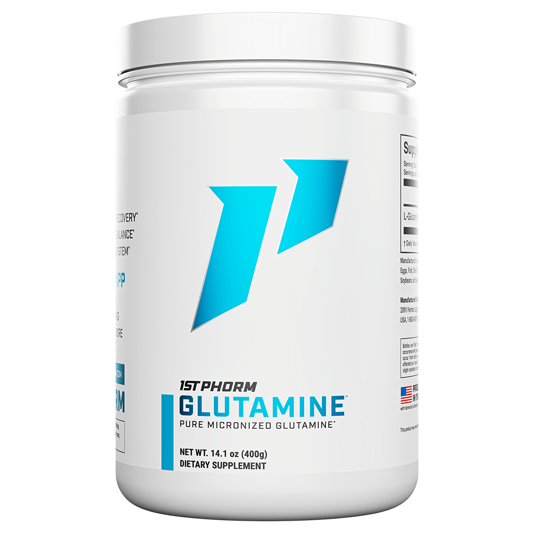 White tub of 1st Phorm Glutamine pure micronized glutamine powder, 14.1-ounce container