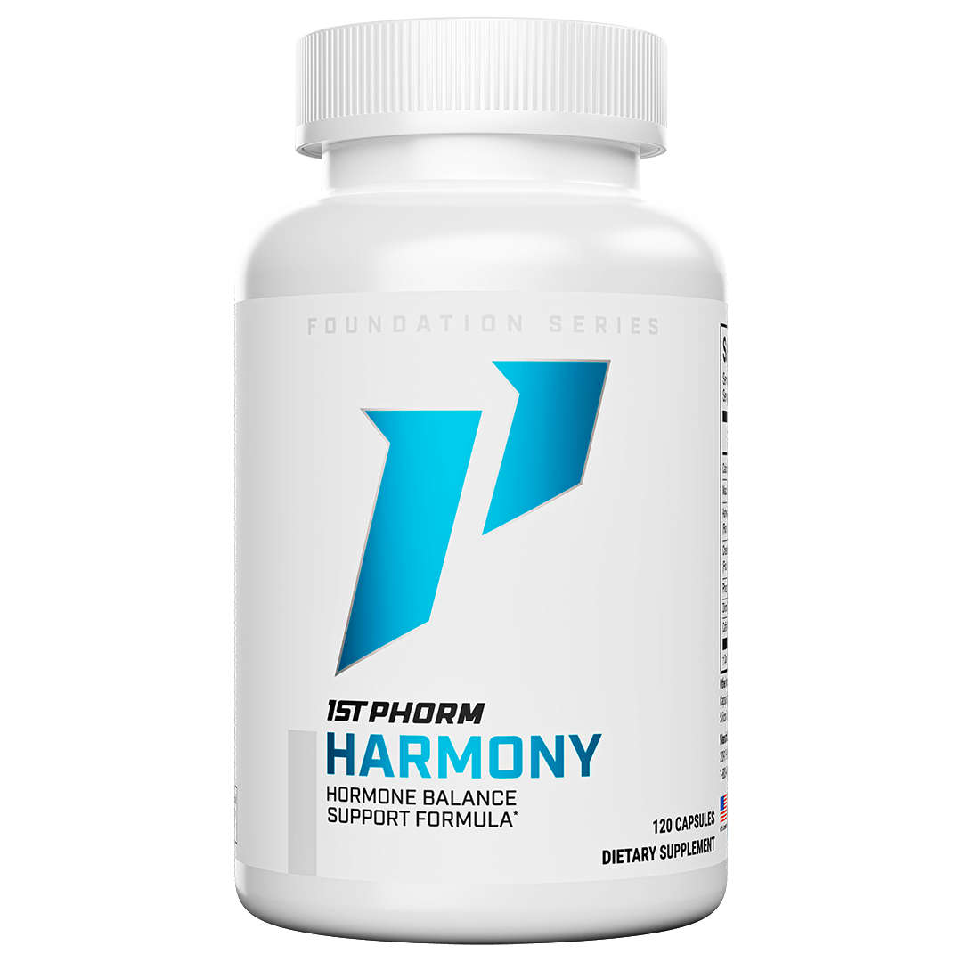 White bottle of 1st Phorm Harmony hormone balance support formula, 120 capsules