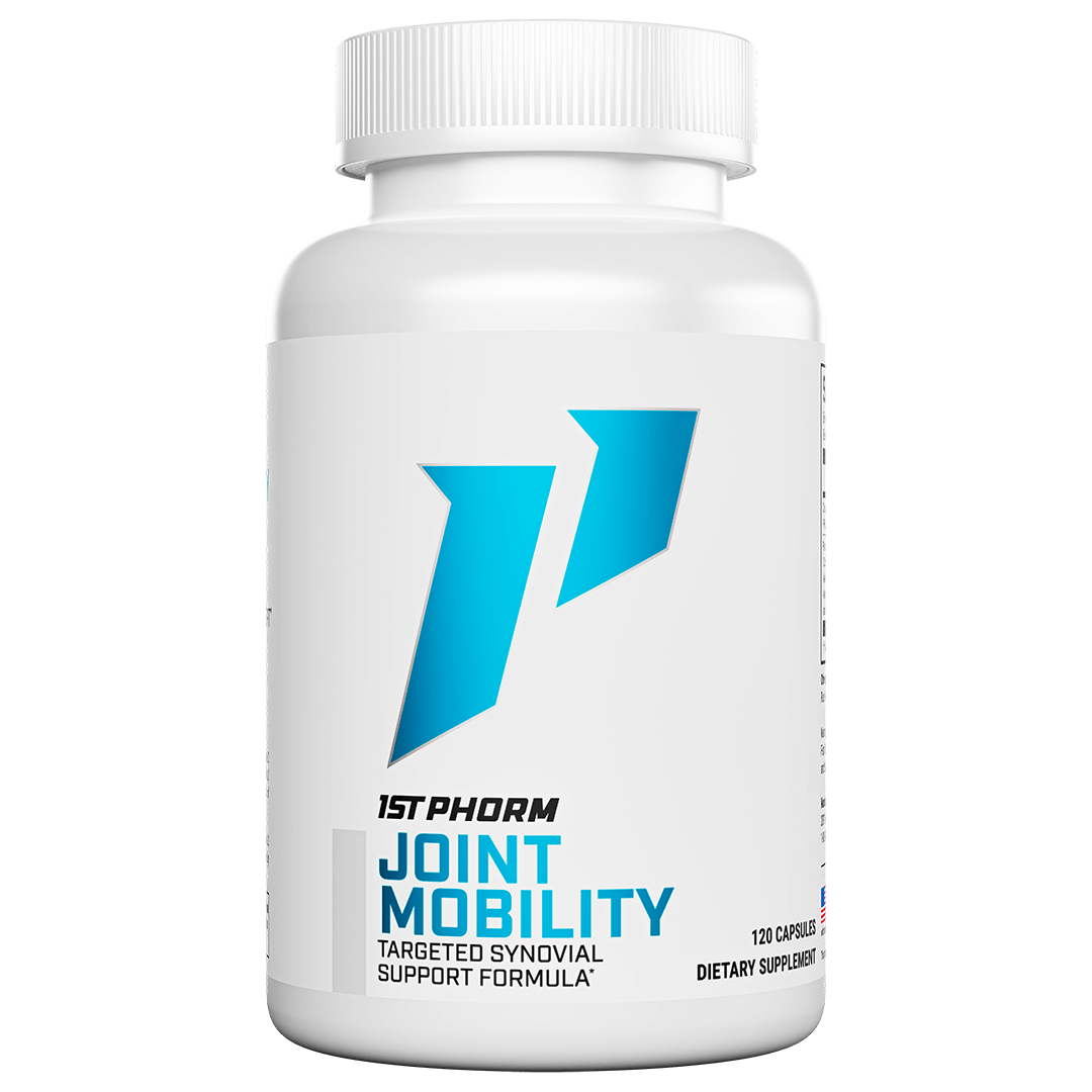 White bottle of 1st Phorm Joint Mobility targeted synovial support formula, 120 capsules