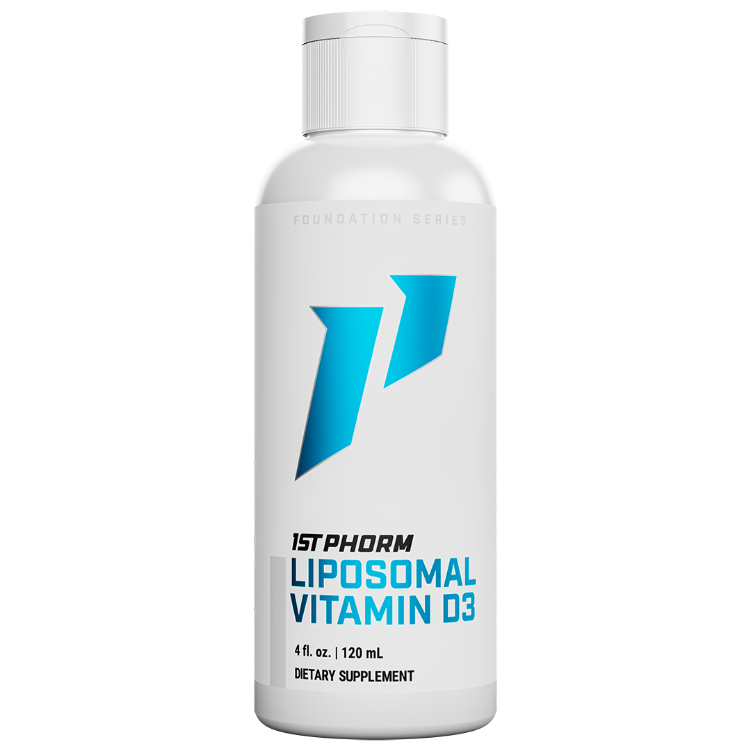 White bottle of 1st Phorm Liposomal Vitamin D3 liquid, 4 fluid ounces