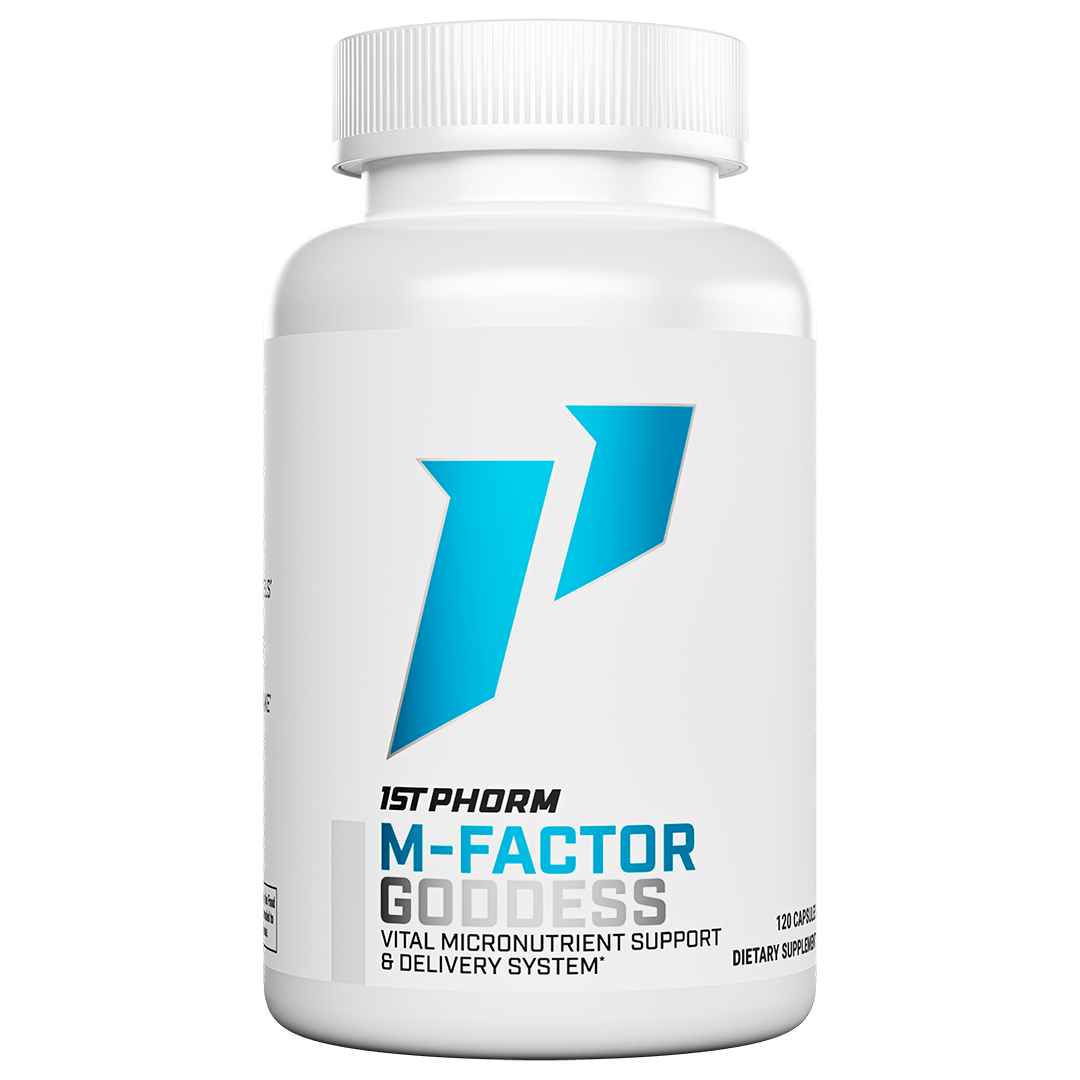 White bottle of 1st Phorm M-Factor Goddess women's multivitamin, 120 capsules