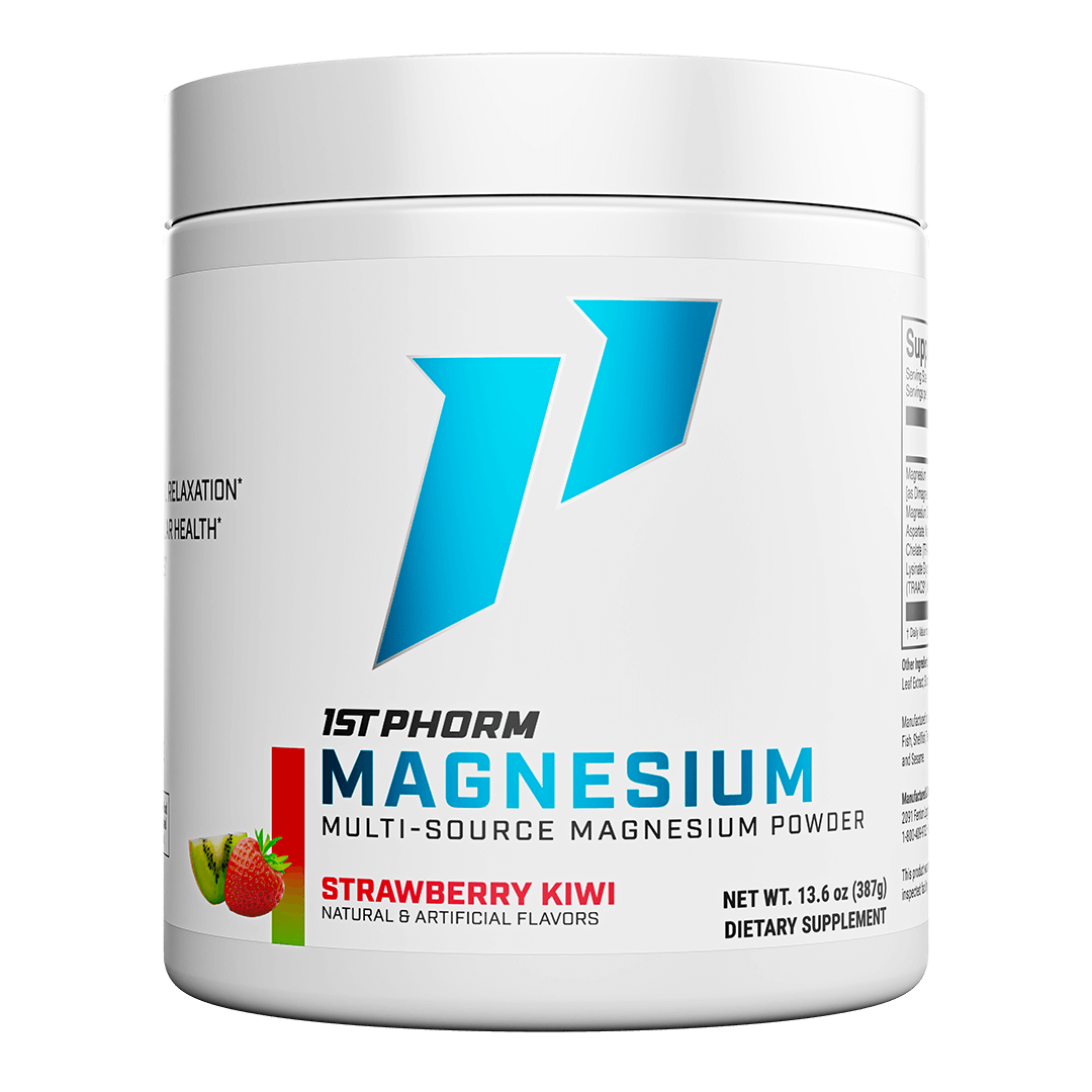 Tub of 1st Phorm Magnesium, Strawberry Kiwi, net weight 0.85 lb
