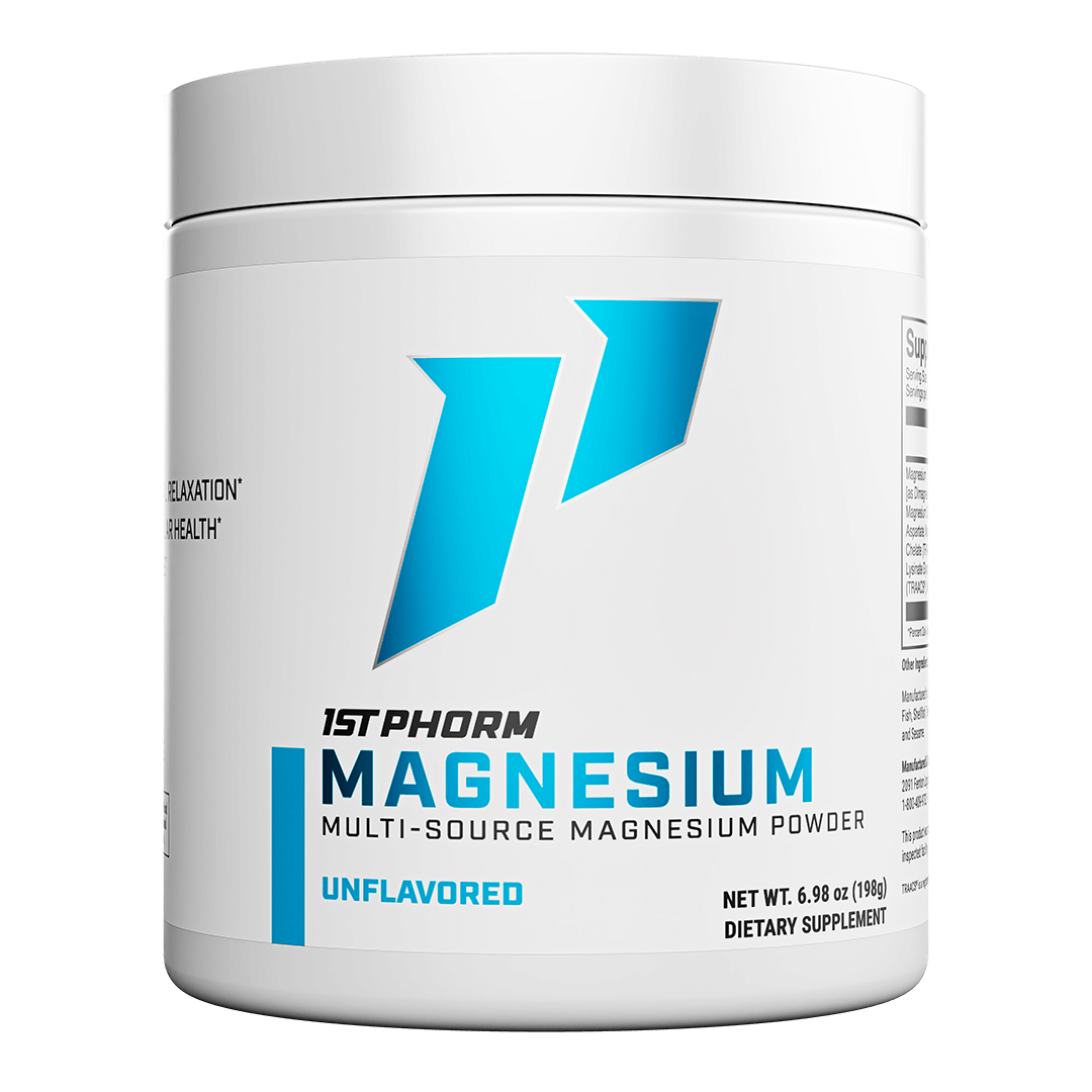 Tub of 1st Phorm Magnesium, Unflavored, net weight 0.44 lb