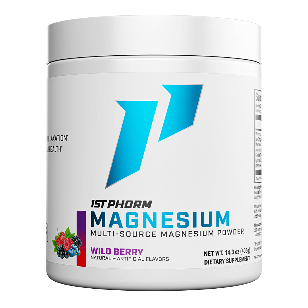 Tub of 1st Phorm Magnesium, Wild Berry, net weight 0.89 lb