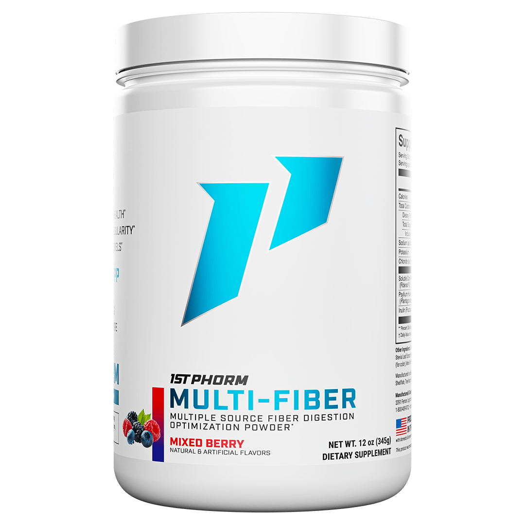 Tub of 1st Phorm Multi-Fiber, Mixed Berry, net weight 0.76 lb