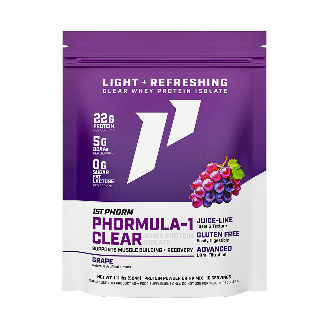 Bag of 1st Phorm Phormula-1 Clear, Grape, net weight 1.11 lb