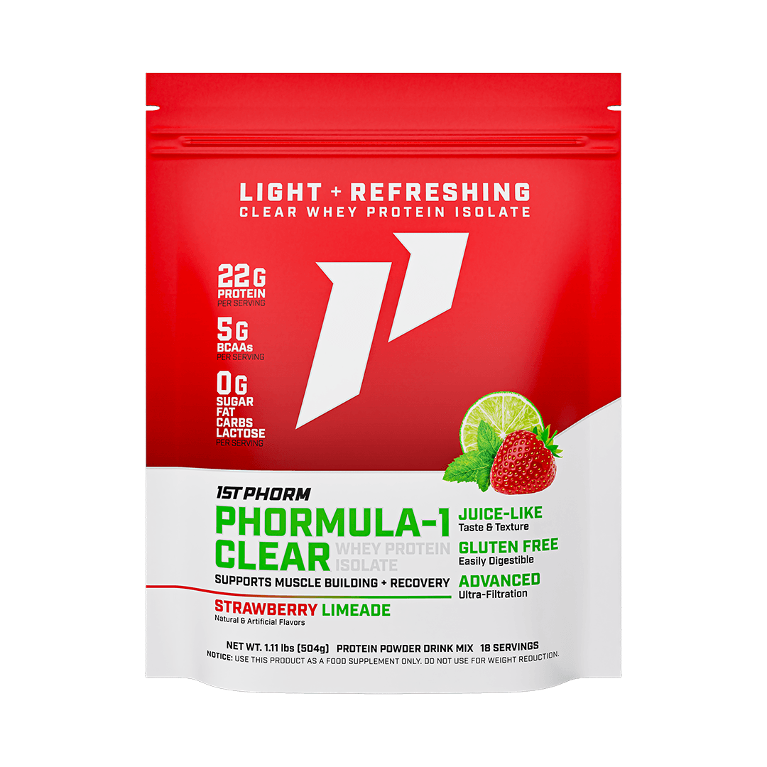Bag of 1st Phorm Phormula-1 Clear, Strawberry Limeade, net weight 1.11 lb