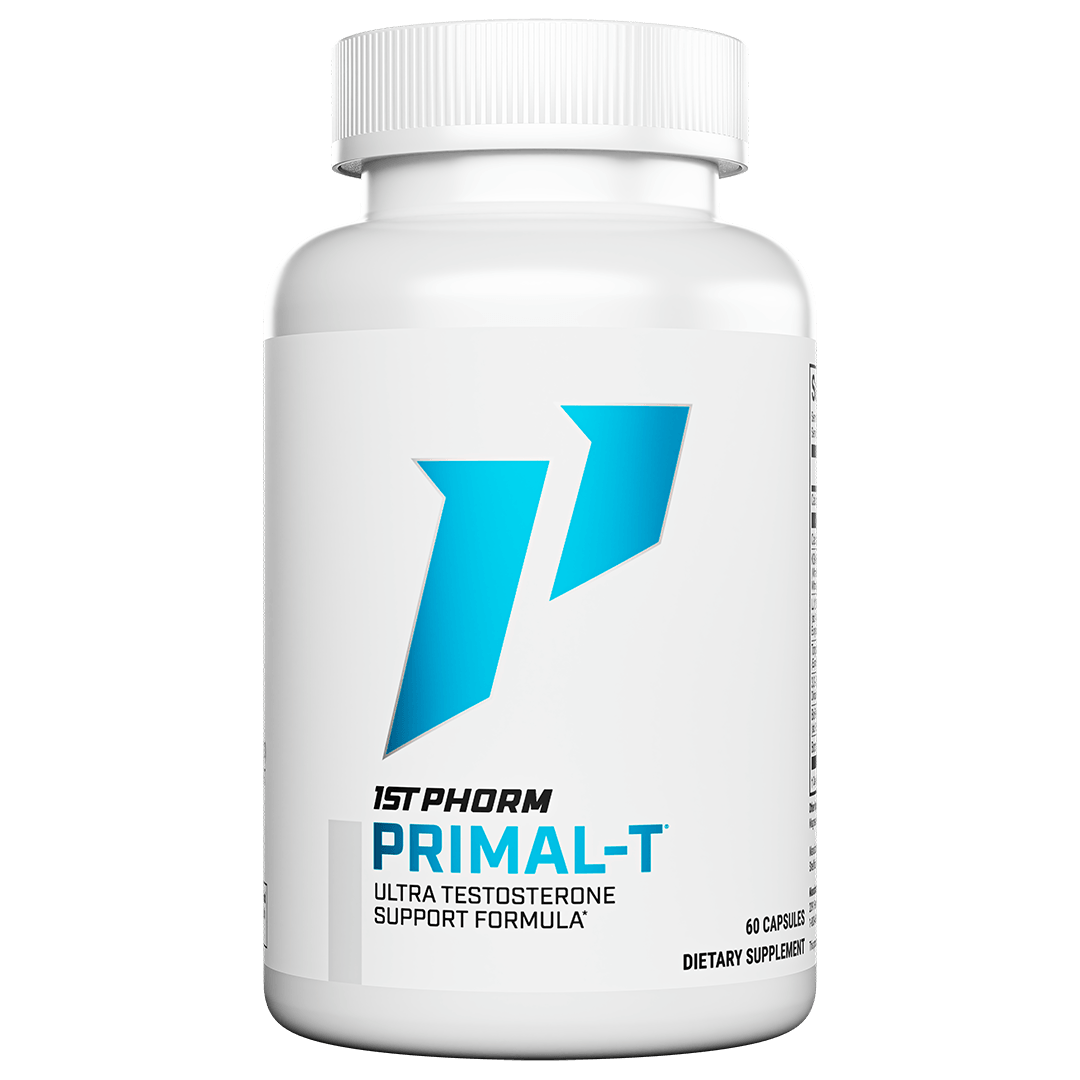 White bottle of 1st Phorm Primal-T testosterone support formula, 60 capsules