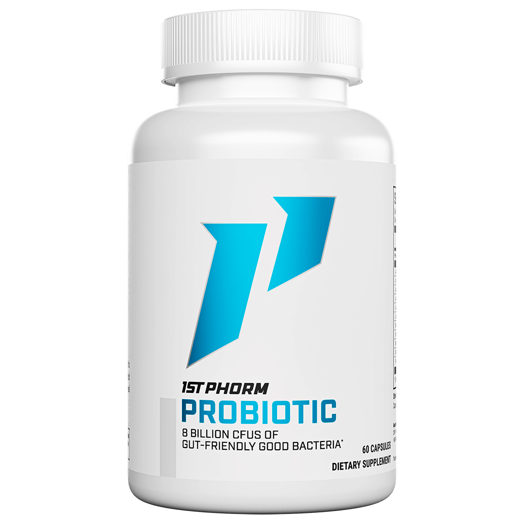 White bottle of 1st Phorm Probiotic, 8 billion CFUs, 60 capsules