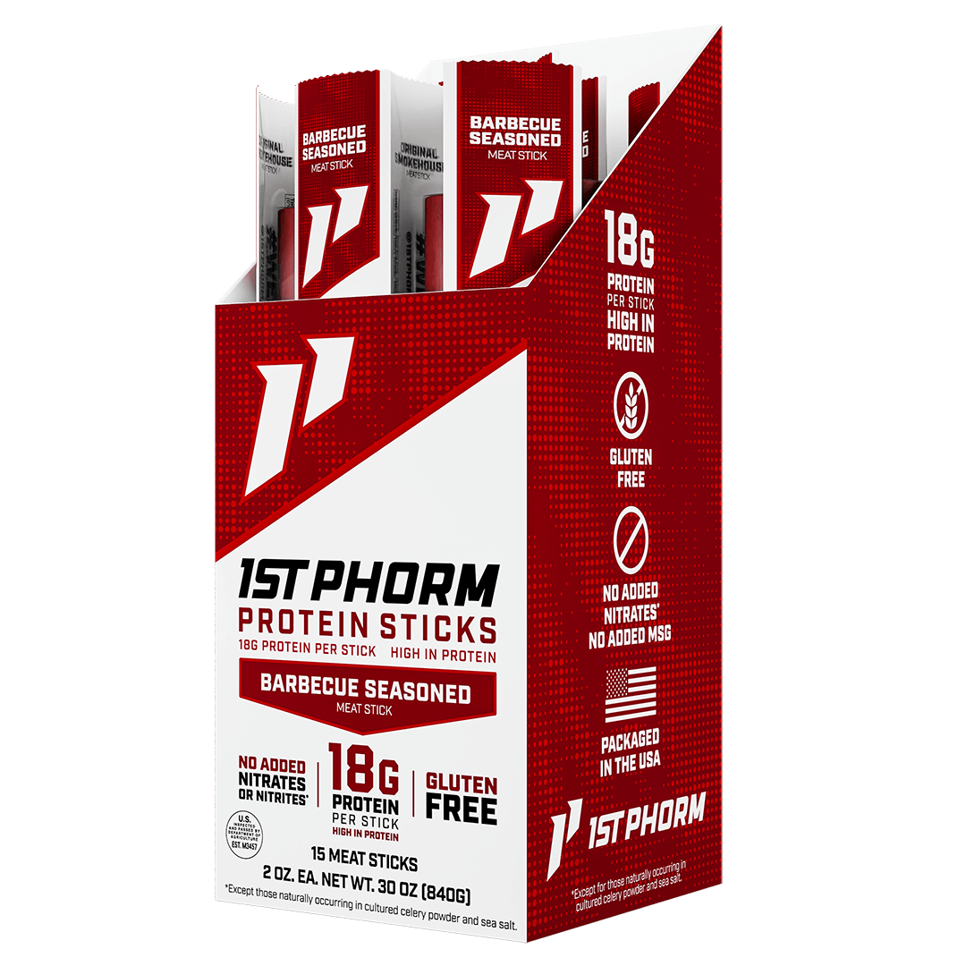 Box of 15 1st Phorm Seasoned BBQ protein meat sticks, 2 oz each