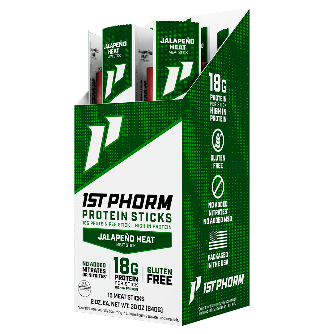 Box of 15 1st Phorm Jalapeno Heat protein meat sticks, 2 oz each