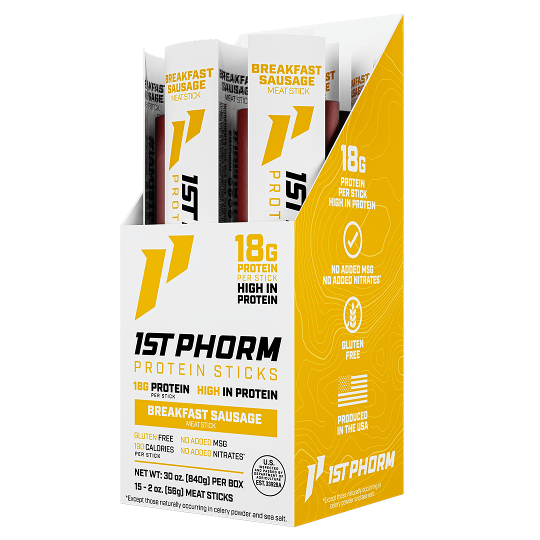 Box of 15 1st Phorm Breakfast Sausage protein meat sticks, 2 oz each