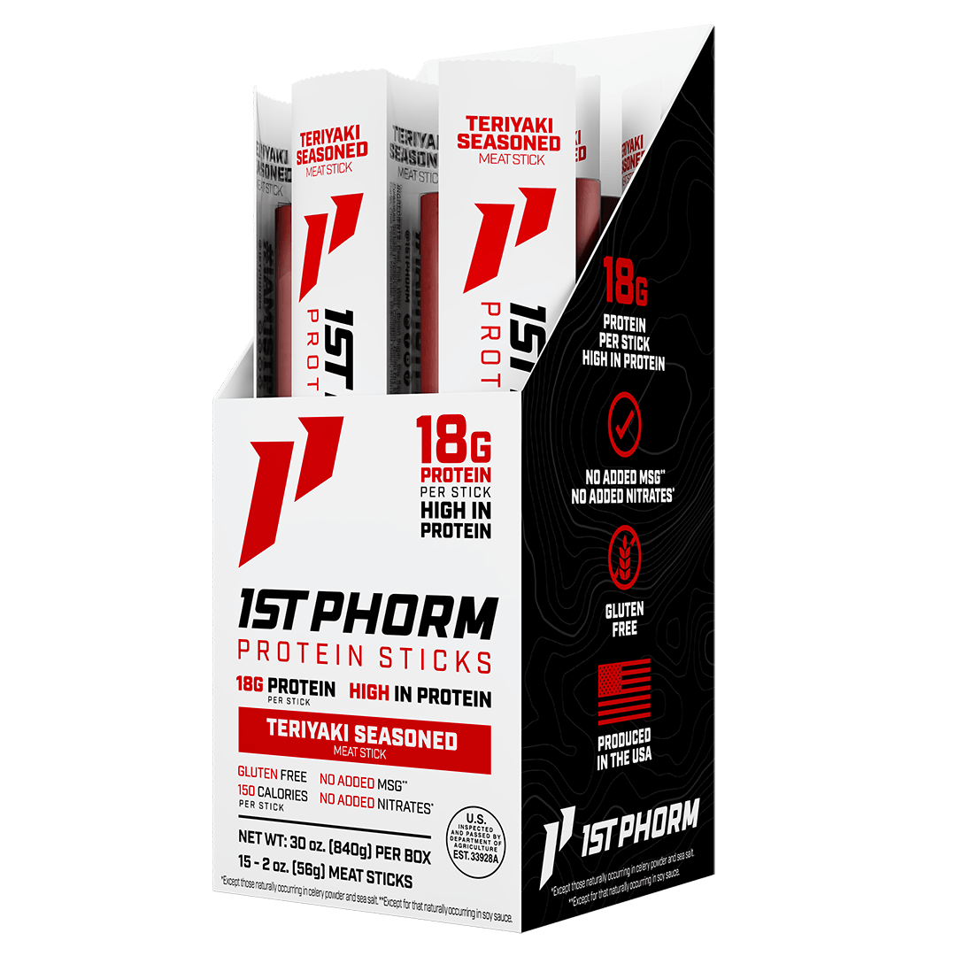 Box of 15 1st Phorm Teriyaki protein meat sticks, 2 oz each