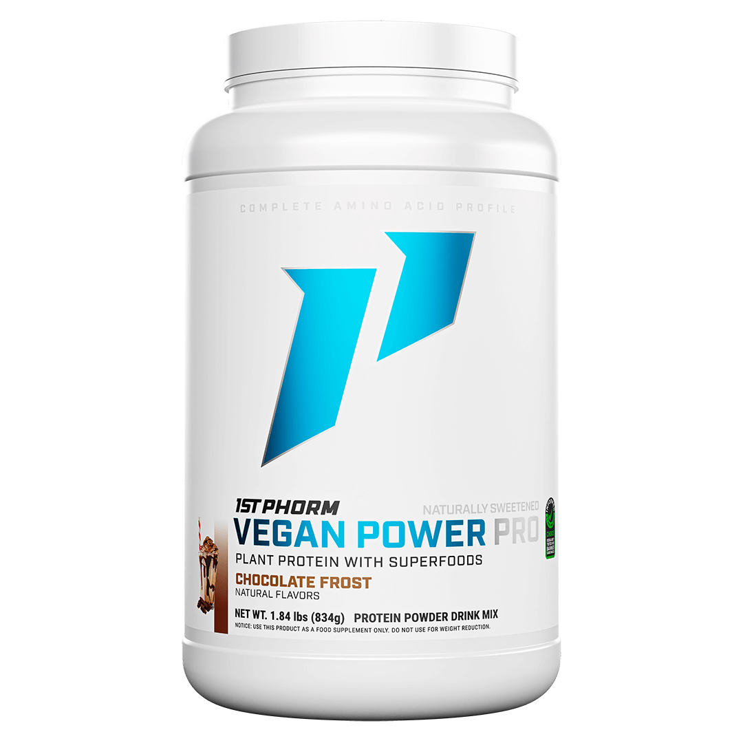 Tub of 1st Phorm Vegan Power Pro, Chocolate Frost, net weight 1.84 lb