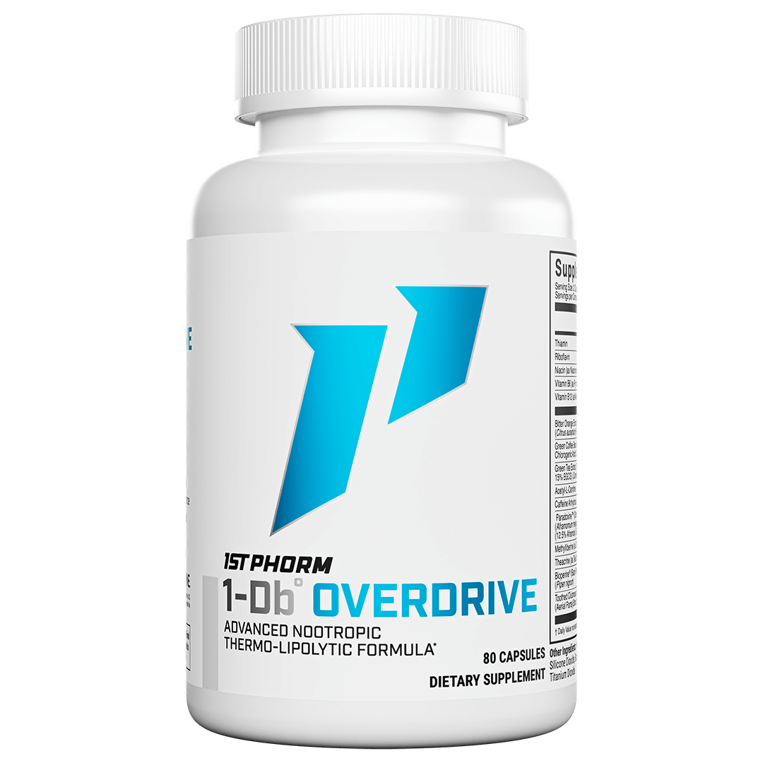 White bottle of 1st Phorm 1-Db Overdrive thermogenic formula, 80 capsules