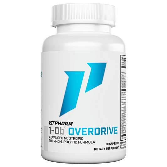 White bottle of 1st Phorm 1-Db Overdrive thermogenic formula, 80 capsules