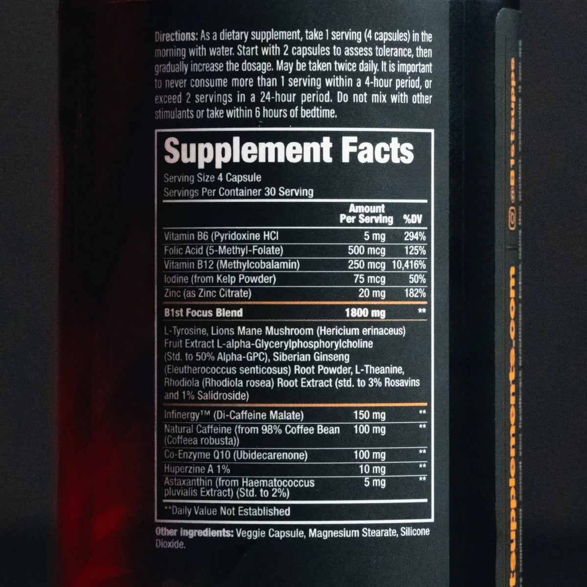 B1st 2WAKE ingredients label, back of bottle