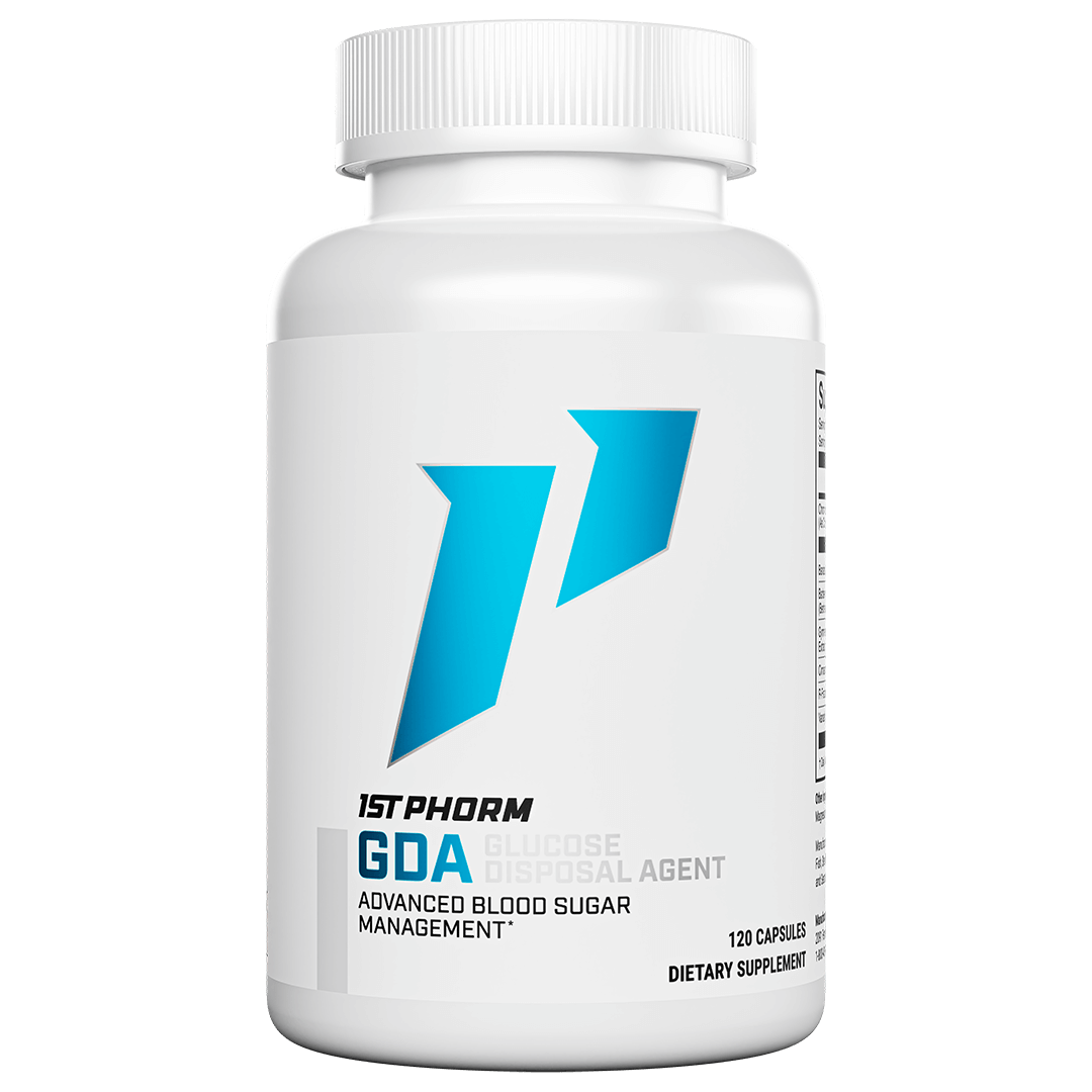 White bottle of 1st Phorm GDA glucose disposal agent, 120 capsules