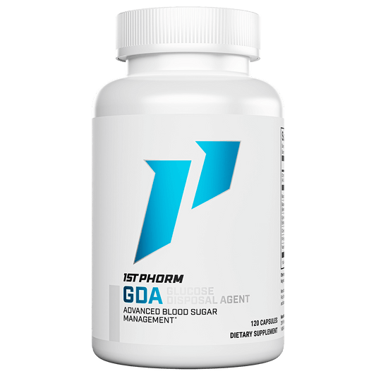 White bottle of 1st Phorm GDA glucose disposal agent, 120 capsules
