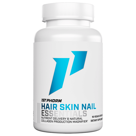 White bottle of 1st Phorm Hair Skin Nail Essentials, 90 vegan capsules