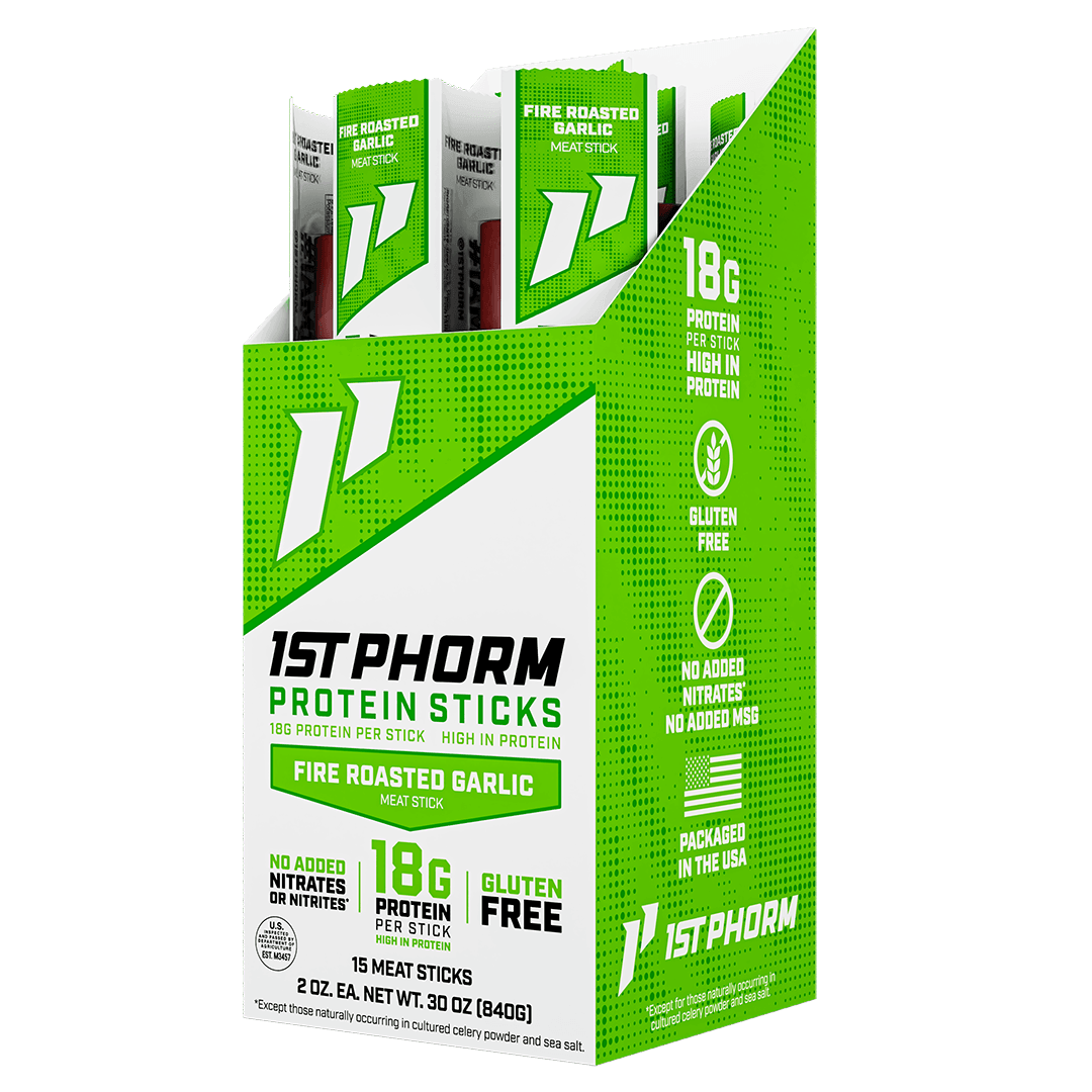 Box of 15 1st Phorm Fire Roasted Garlic protein meat sticks, 2 oz each
