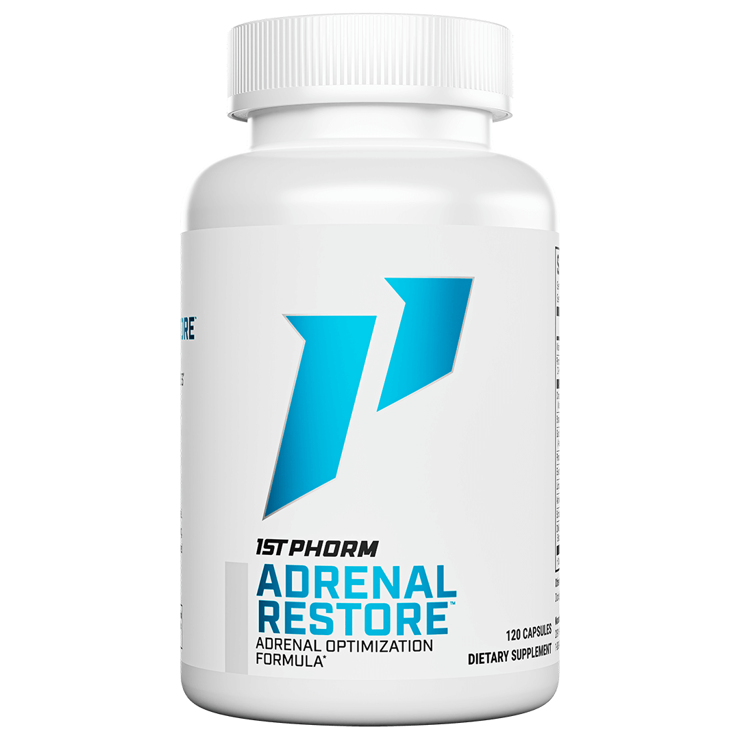 White bottle of 1st Phorm Adrenal Restore adrenal optimization formula, 120 capsules