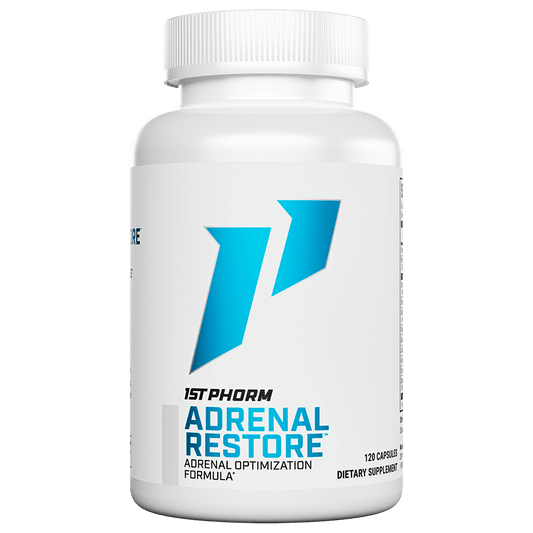 White bottle of 1st Phorm Adrenal Restore adrenal optimization formula, 120 capsules