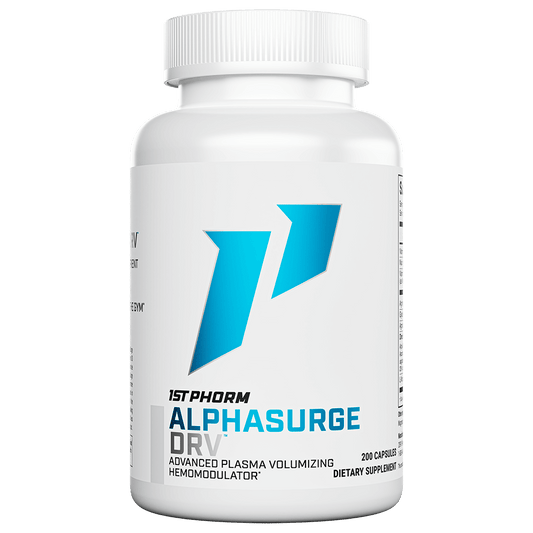 White bottle of 1st Phorm AlphaSurge DRV plasma volumizing formula, 200 capsules