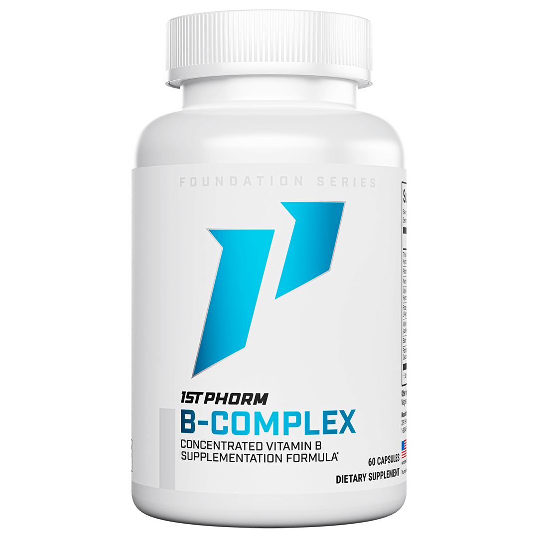 White bottle of 1st Phorm B-Complex vitamin B formula, 60 capsules