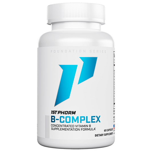 White bottle of 1st Phorm B-Complex vitamin B formula, 60 capsules