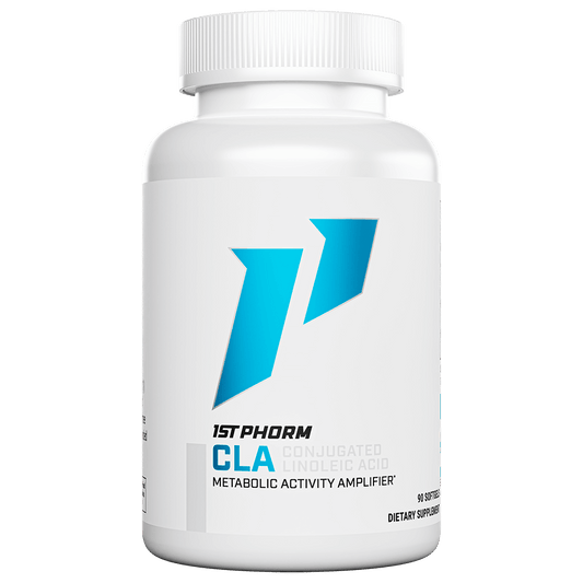 White bottle of 1st Phorm CLA conjugated linoleic acid, 90 softgels