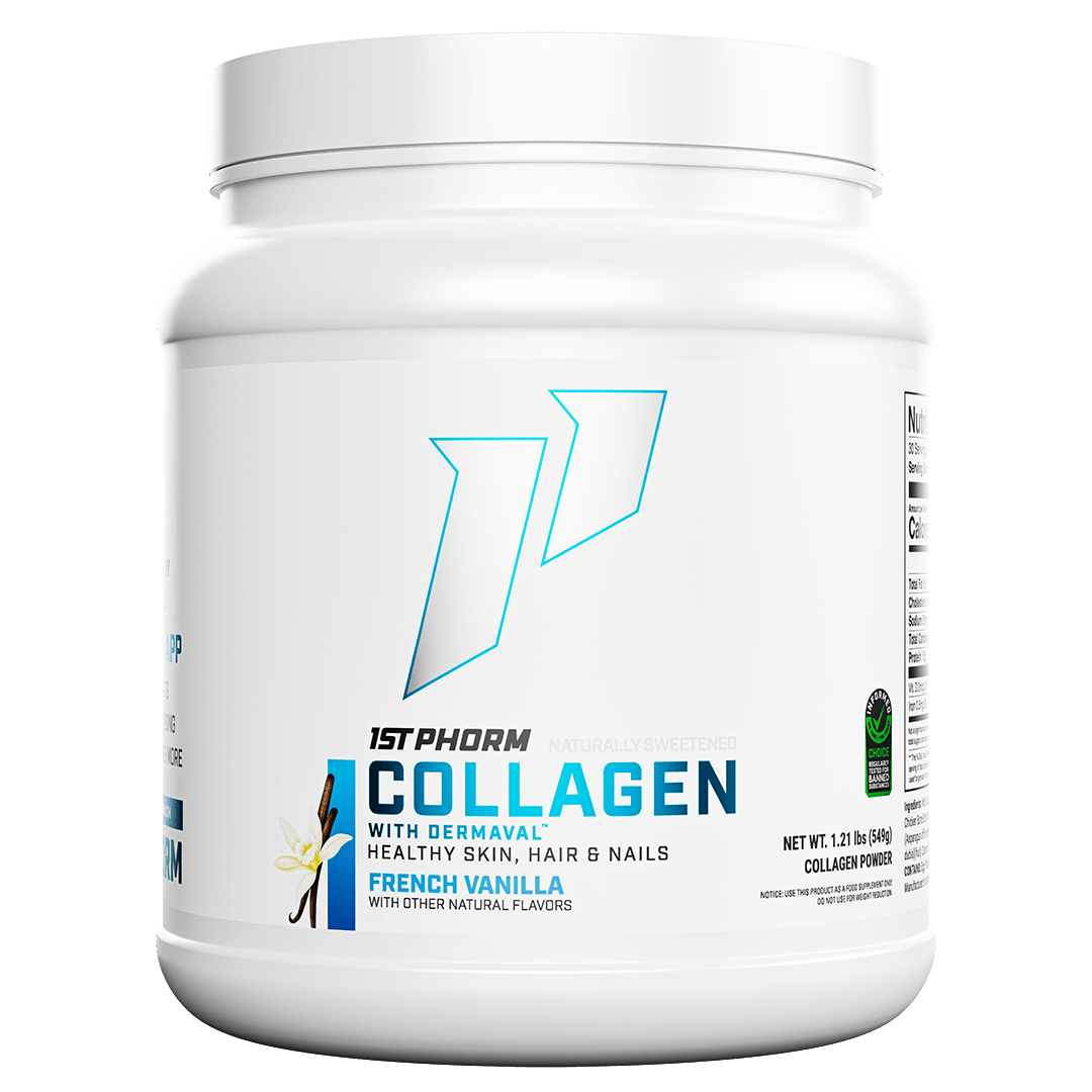 Tub of 1st Phorm Collagen Natural with Dermaval, French Vanilla, net weight 1.21 lb