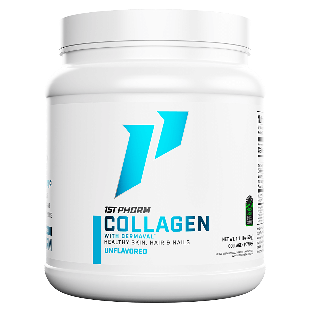 Tub of 1st Phorm Collagen Natural with Dermaval, Unflavored, net weight 1.11 lb