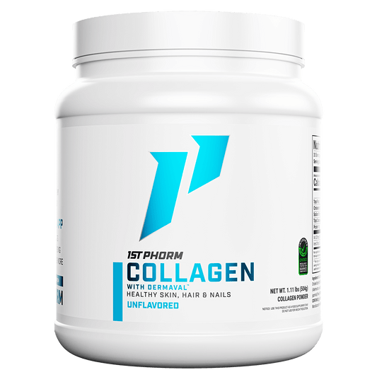 Tub of 1st Phorm Collagen Natural with Dermaval, Unflavored, net weight 1.11 lb