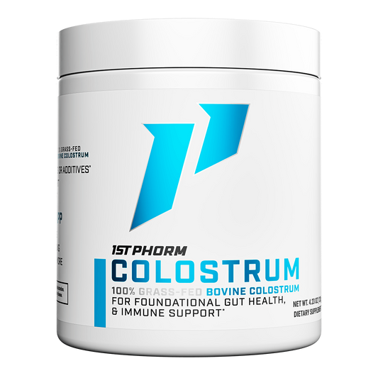 White tub of 1st Phorm Colostrum 100% grass-fed bovine colostrum powder, 4.23-ounce container