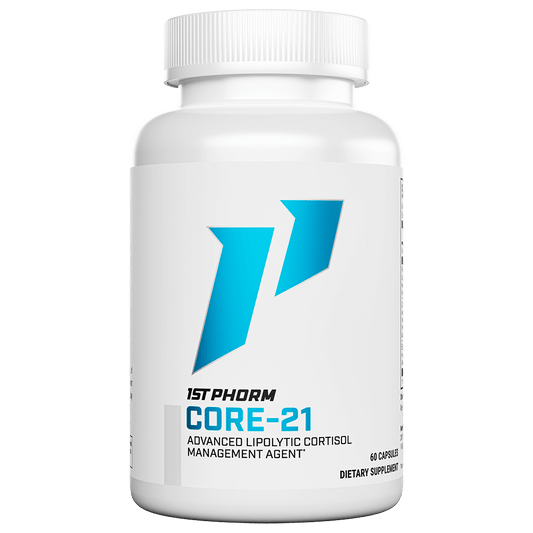 White bottle of 1st Phorm Core-21 nighttime cortisol support, 60 capsules