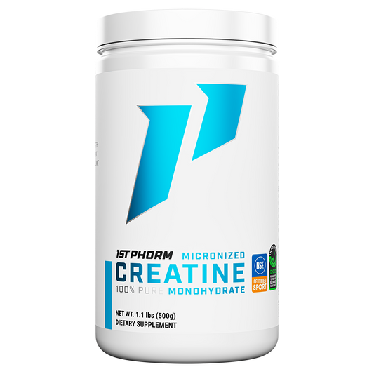 White tub of 1st Phorm Micronized Creatine Monohydrate, 100 servings, 1.1-pound container