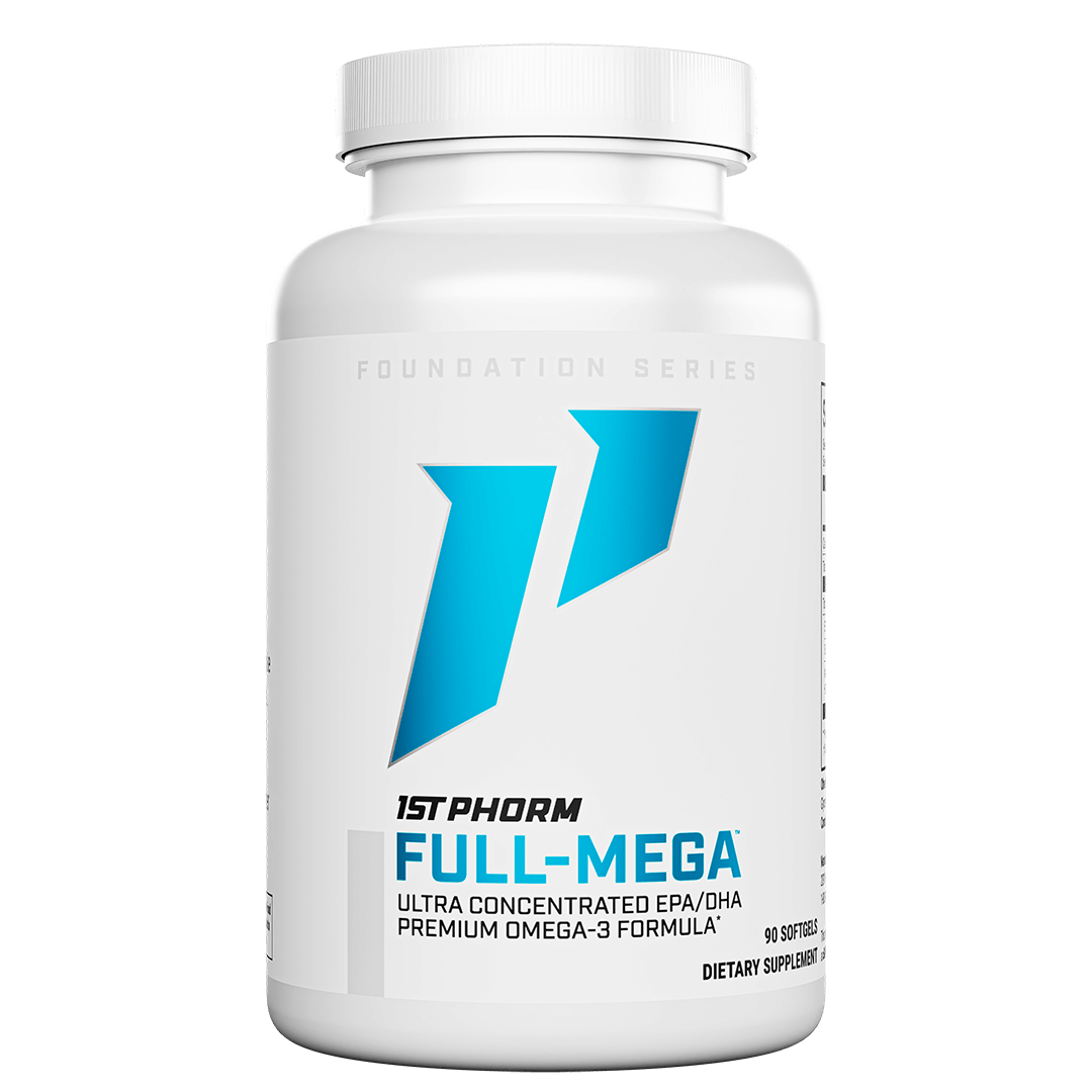White bottle of 1st Phorm Full-Mega omega-3 fish oil, 90 softgels