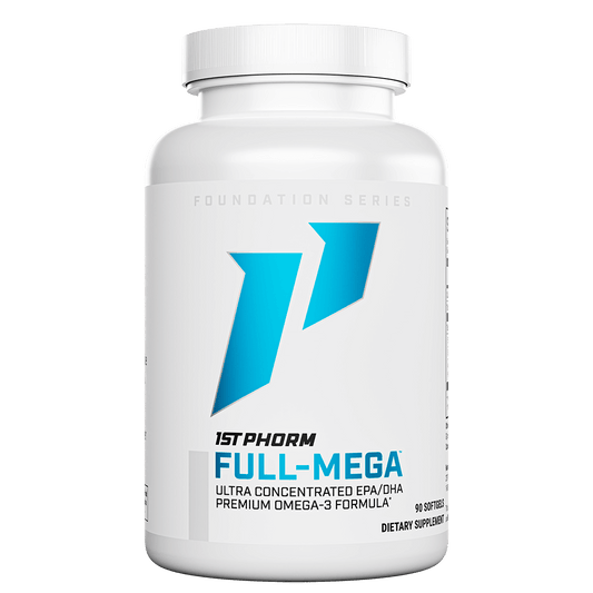 White bottle of 1st Phorm Full-Mega omega-3 fish oil, 90 softgels