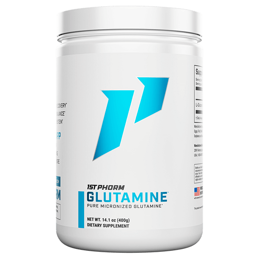 White tub of 1st Phorm Glutamine pure micronized glutamine powder, 14.1-ounce container