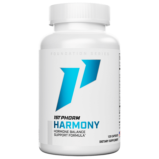 White bottle of 1st Phorm Harmony hormone balance support formula, 120 capsules