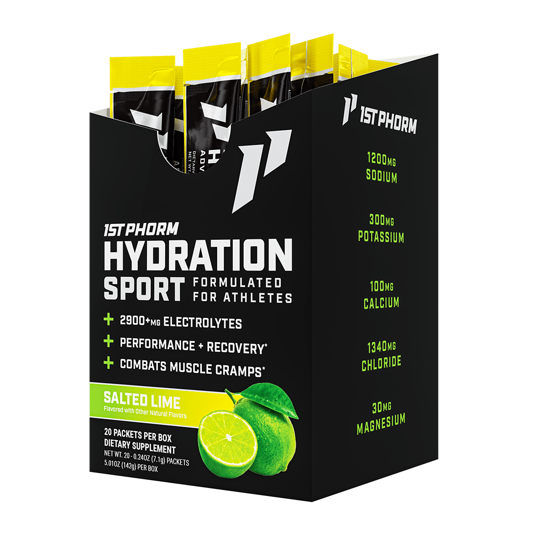 Black box of 1st Phorm Hydration Sport electrolyte stick packs, Salted Lime, 20 packets