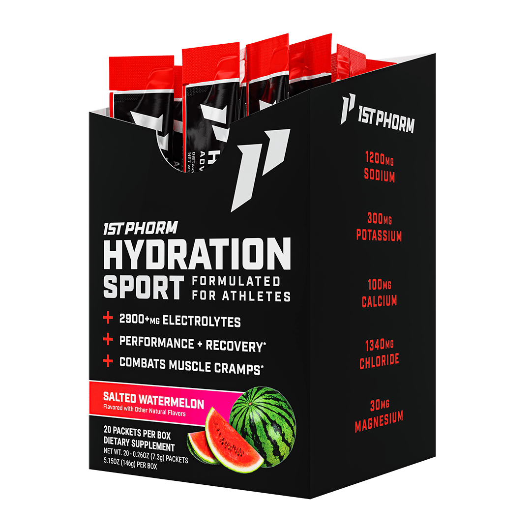 Black box of 1st Phorm Hydration Sport electrolyte stick packs, Salted Watermelon, 20 packets