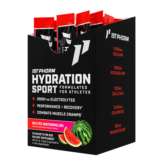 Black box of 1st Phorm Hydration Sport electrolyte stick packs, Salted Watermelon, 20 packets